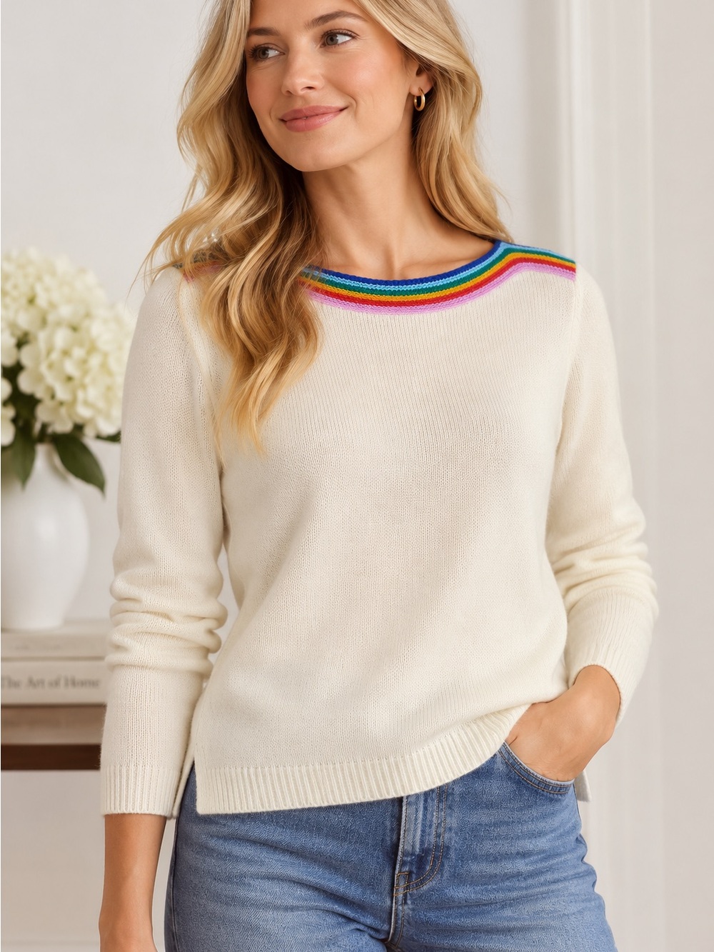 Boden Women’s 100% Cashmere Ivory Rainbow Trim Sweater Size S NWT